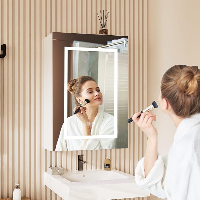 Led Medicine Cabinets for Bathroom,Lighted Medicine Cabinet with Mirror, Surface Mount Bathroom Vanity Medicine Cabinet with Storage,Brightness Adjustable,19.5X 27.3Inch