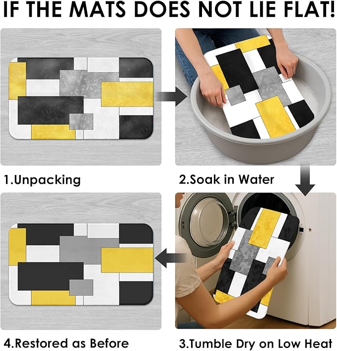 Yellow Geometric Shower Curtain Set with Toilet Lid Cover and Non-Slip Rugs for Bathroom, Black White Grey Checkered 4 Pcs Shower Curtain, Modern Abstract Bathroom Set with 12 Hooks