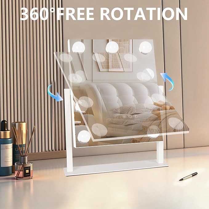 Moonee Vanity Mirror with Lights, Hollywood Lighted Makeup Mirror with 9 Dimmable Bulbs and 10X Magnification 360°Rotation, 3 Color Modes, Aluminum Metal Frame, Light Up Mirror for Tabletop(12" x 14")