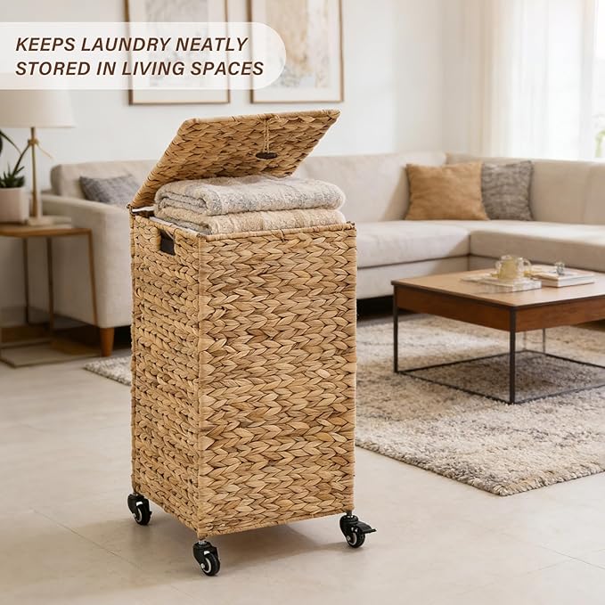 Hand-Woven Laundry Basket with Wheels, Natural Water Hyacinth Laundry Hamper with Lid, Removable & Machine-Washable Liner,Clothes Hamper for Bathroom and Laundry Room(65L,Natural)