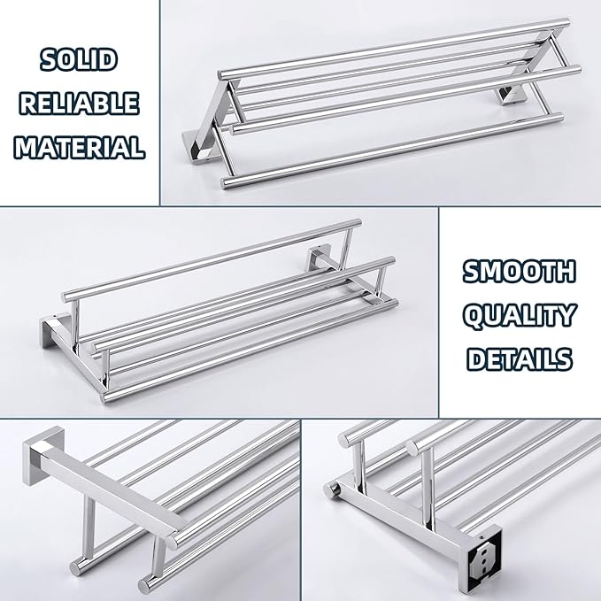 Bathroom Towel Rack Polished Chrome, Angle Simple SUS304 Stainless Steel Bath Towel Bar with Shelf for Wall 23.62 Inches