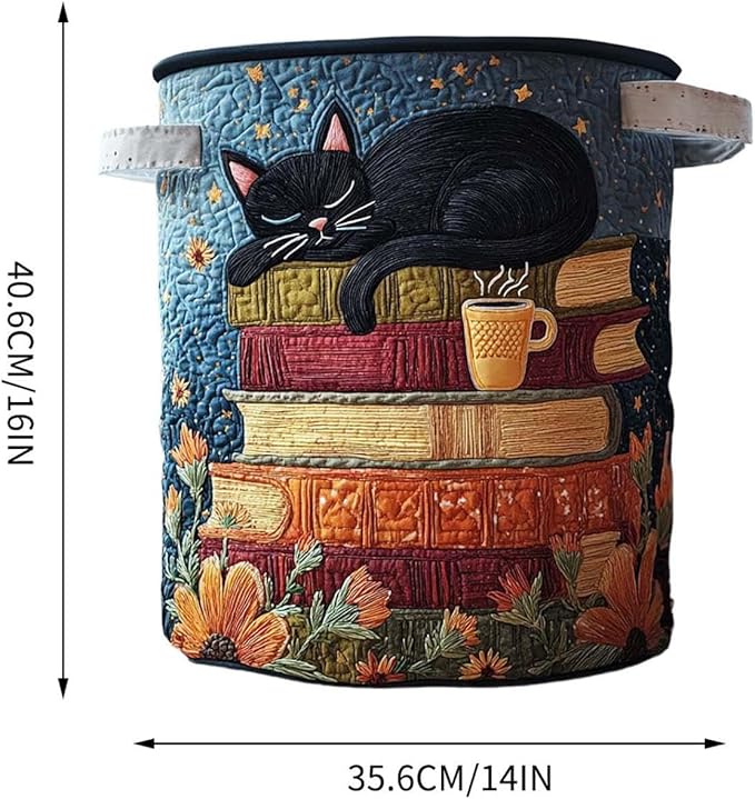 Cute Cat Quilted Laundry Basket with Handles, Boho Floral Fabric Quilted Laundry Basket, Large Soft Collapsible Storage Hamper for Nursery, Bedroom, Bathroom, Clothes & Toy Organization (#02)