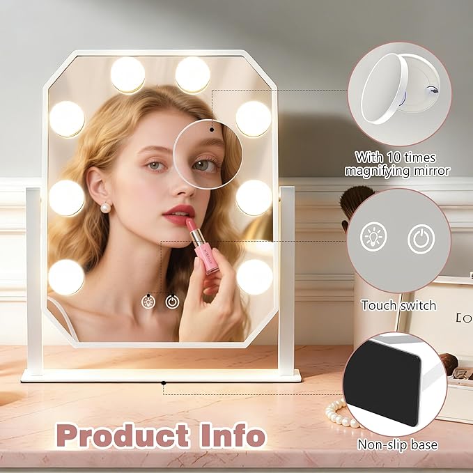 Vanity Mirror with Lights - 11.8"x9.8" Hollywood Makeup Mirror with Dimmable LED Bulbs, 3 Color Modes, Smart Touch Control, Desktop Mirror for Bedroom Dressing Table, Gift for Women Girls (White)