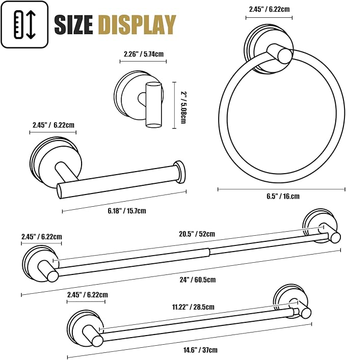 Matte Black Suction Cup Bathroom Accessories Set,Towel Racks for Bathroom,5 Piece Bathroom Hardware Set Restroom Accessories,Includes 24 inch Towel Bar,Towel Ring,Toilet Paper holder,Suction Cup Hooks
