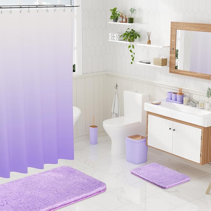 XLHOMO Bathroom Accessory Set–Bathroom Sets with Shower Curtain and Rugs, Non Slip Bathroom Rugs Super Absorbent, Light Purple Ombre Shower Curtain with Hooks, Lavender Bathroom Sets Complete for Home