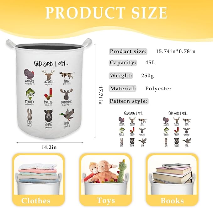 God Says I Am Hunting Nursery Laundry Basket, Toybox for Boys Girls Room, Christian Laundry Basket Hamper Waterproof Collapsible Clothes Toys Storage Bin Organizer for Bedroom Bathroom Kids Room