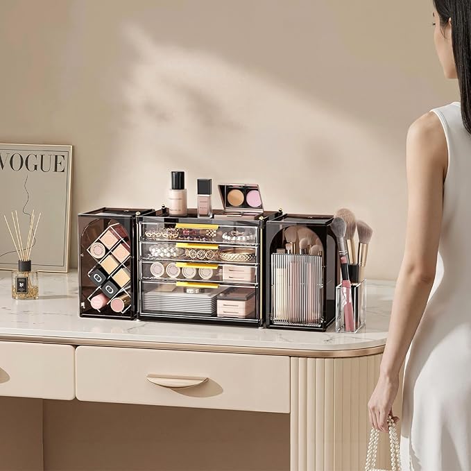 4-Tier Drawer Makeup Organizer, 3-in-1 Free Combination Cosmetic Storage with Lipstick Holder & Brush Rack, Skincare Organizer with Mini Tray for Vanity Bathroom Bedroom Dorm