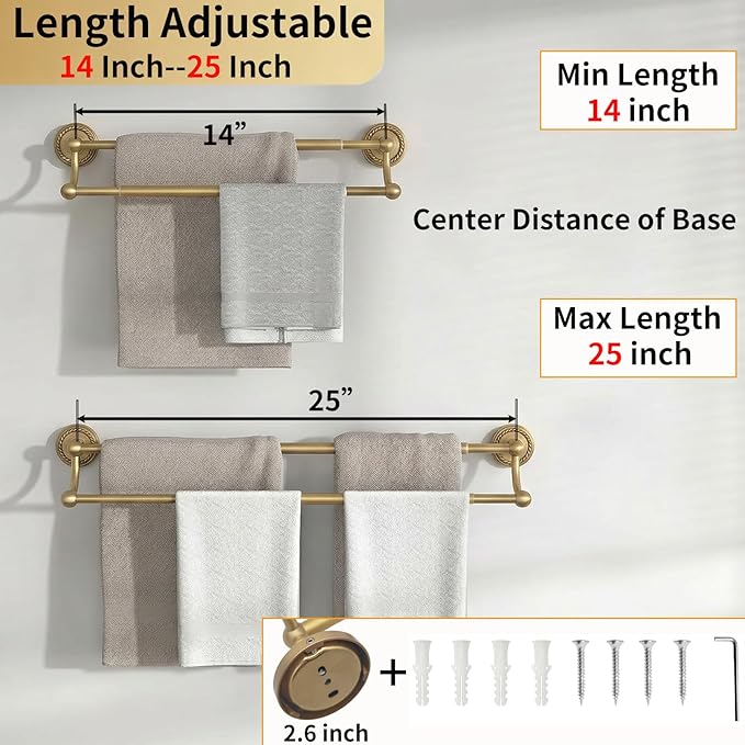 Double Towel Bar, Antique Brass Bathroom Towel Racks Wall Mounted, Adjustable Gold Towel Bar Fits 14-25 Inch Centers, Heavy Duty Rustproof Brass Towel Rod Holder for Bath