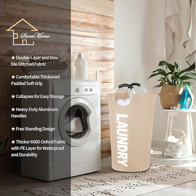 115L Large Laundry Basket with Handles, Collapsible Laundry Hamper Bag, Tall Freestanding Dirty Clothes Hampers, Foldable Fabric Laundry Bin for Laundry, Dorm, College (Khaki, XL)