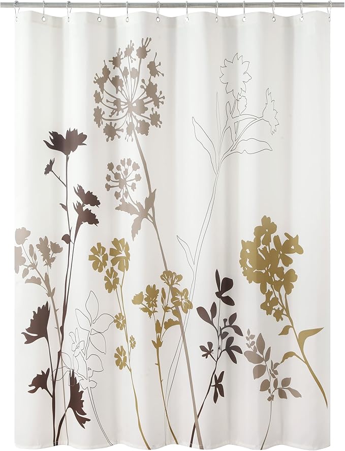 Silhouette Cream Flower Fabric Leaves Plants Tan Printed Waterproof Ivory Shower Curtain,Beige Floral Brown Bathroom Curtains,72" W x 78" L