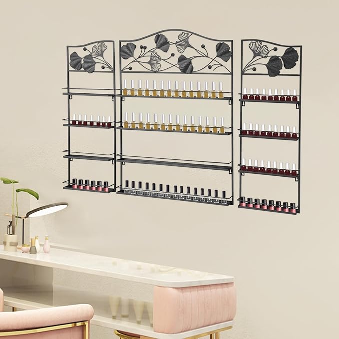 3PCS Metal Nail Polish Racks, Nail Polish Wall Organizer 4 Tiers Leafage Shape Display Rack Wall Mounted Display Case for Home Spa Nail Salon Shop-Black