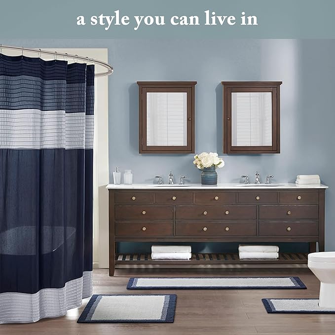 Madison Park Amherst Bathroom Shower Curtain Faux Silk Pieced Striped Modern Microfiber Bath Curtains, 72x84 Inches, Aqua
