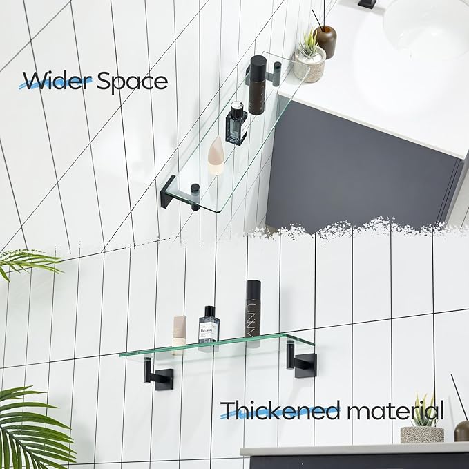 KOKOSIRI 20-Inch Bathroom Shelves Glass Floating Shelf Toilet Roll Holder Toilet Paper Holder Stainless Steel Matte Black B1105BK-L20+B2005BK
