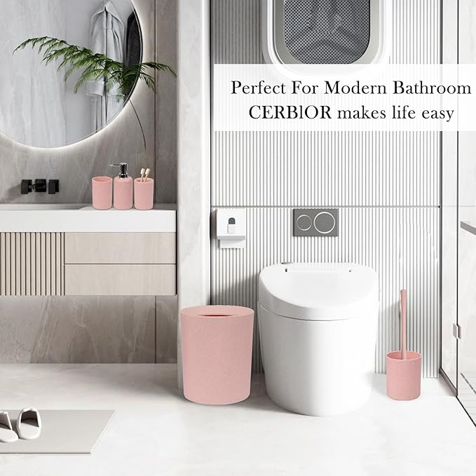 CERBIOR Bathroom Accessories Set 6 Piece Wheat Straw Bath Ensemble Includes Soap Dispenser, Toothbrush Holder, Toothbrush Cup, Soap Dish for Decorative Countertop and Housewarming Gift (Pink)