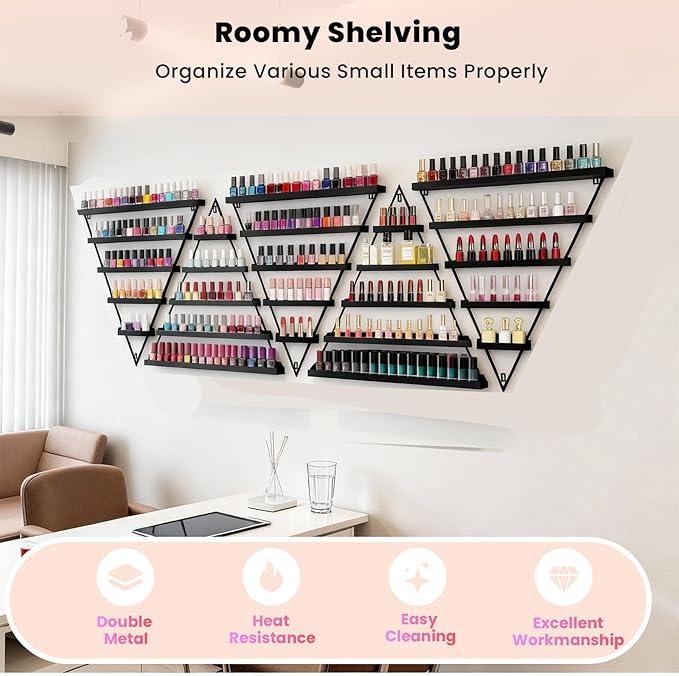 5 Tiers Triangular Nail Polish Rack for The Wall, 10PCS Metal Wall Mounted Display Shelves for Lipstick, Perfume, Home Spa, Salon Shop