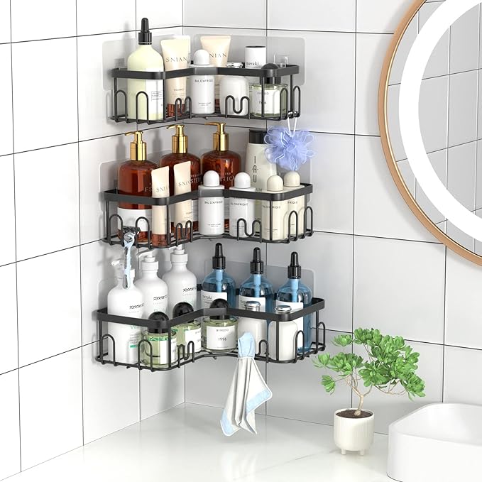 Menbyci 3 Pack Corner Shower Caddy, Adhesive Bathroom Shelves with 18 Hooks, Drill-Free & Quick-Dry Shower Organizer with Large Capacity, Rustproof Stainless Steel Bathroom Corner Storage Rack, Black