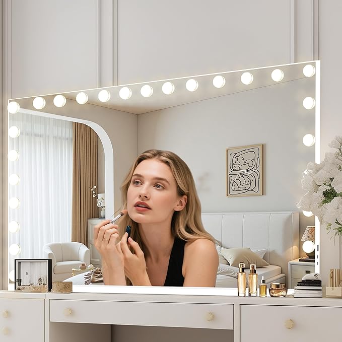 Moonee Vanity Mirror with Lights, Hollywood Lighted Makeup Mirror with 24 Dimmable Bulbs and 10X Magnification, 3 Colors Modes, Aluminum Metal Frame, Light Up Mirror for Tabletop/Wall(48" x 30")
