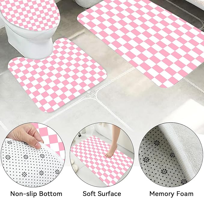 4 PCS Checkered Shower Curtain Sets Fun Gingham Bathroom Sets Soft Non Slip Bath Rugs Toilet Cover U-Shaped Mat Retro Bright Waterproof Shower Curtains with 12 Hooks for Tub Toilet, Pink
