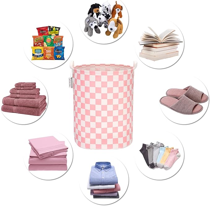 Sea Team 19.7 Inches Large Sized Waterproof Coating Ramie Cotton Fabric Folding Laundry Hamper Bucket Cylindric Burlap Canvas Storage Basket with Stylish Grid Pink Design
