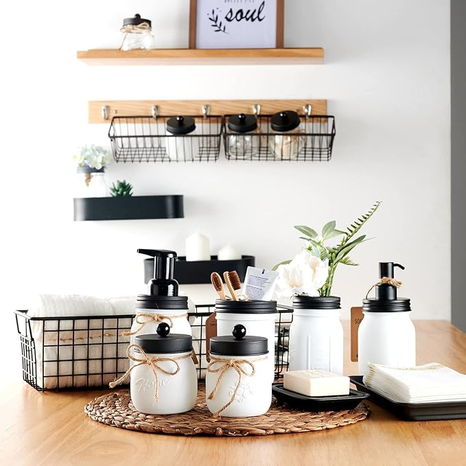 SheeChung 6Pcs Mason Jars Bathroom Accessories Set - Toothbrush Holder, Soap Dispenser, Qtip Holders, Soap Dish, Wire Paper Storage, Farmhouse Bathroom Decor (Rustic White, 6Pcs Bathroom Set)