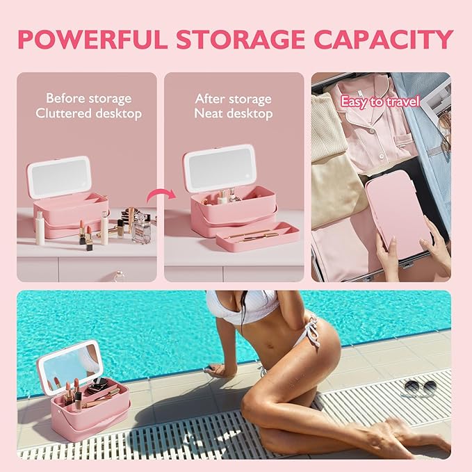 Makeup Case with Mirror and Light - Portable Cosmetic Box Rechargeable with 3 Color Mode and DIY Partitions for Women Girls (Pink B)