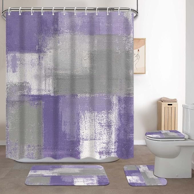 Lnond 4Pcs Purple Bathroom Shower Curtain Sets with Rugs, Purple and Grey Painting Art Bathroom Sets with Shower Curtain and Rugs and Accessories