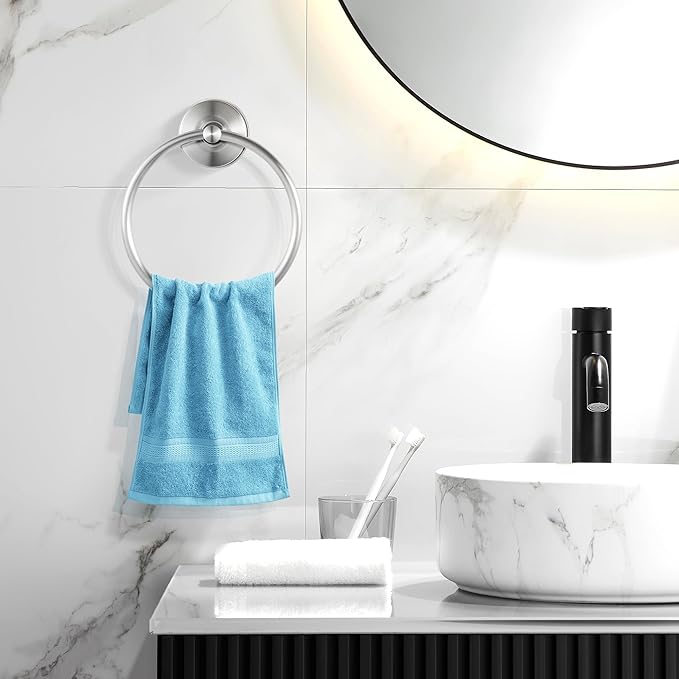 YOHOM Suction Cup Towel Ring Hand Towel Holder for Bathroom Vacuum Suction Washcloth Holder Dish Towel Hanger for Shower Wall No Drill Stainless Steel Brushed Finish, 2 PCS