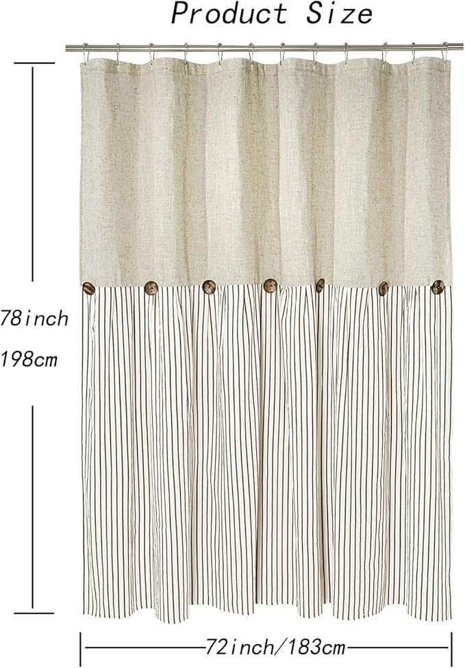 Farmhouse Shower Curtain,Beige and Brown Stripe,Button Curtain,Linen and Cotton Woven Fabric,Rustic Charm Country Chic Style,72x78 in