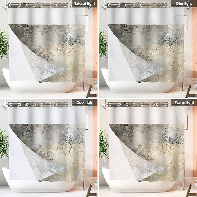 Shrahala Taupe Squares Texture No Hooks Shower Curtain with Snap in Liner Set, Grey and Beige Art Painting Bathroom Décor Polyester Fiber Waterproof for Stall Bathtubs 71 X 74 in
