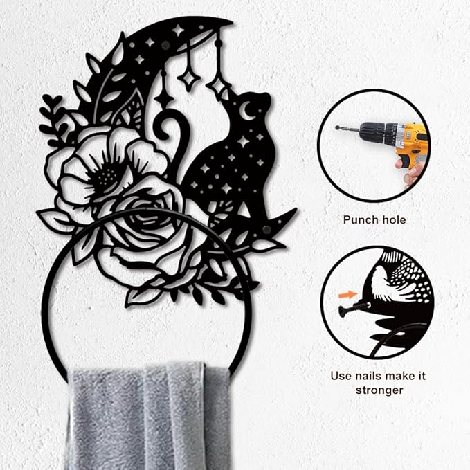 MAYJOYDIY Moon Cat Metal Towel Ring Rose Flower Towel Holder Moon Star Polka Pattern Towel Ring Black Art Towel Rack Wall Mounted for Bathroom Kitchen Towel Hanger Home Decors Gift