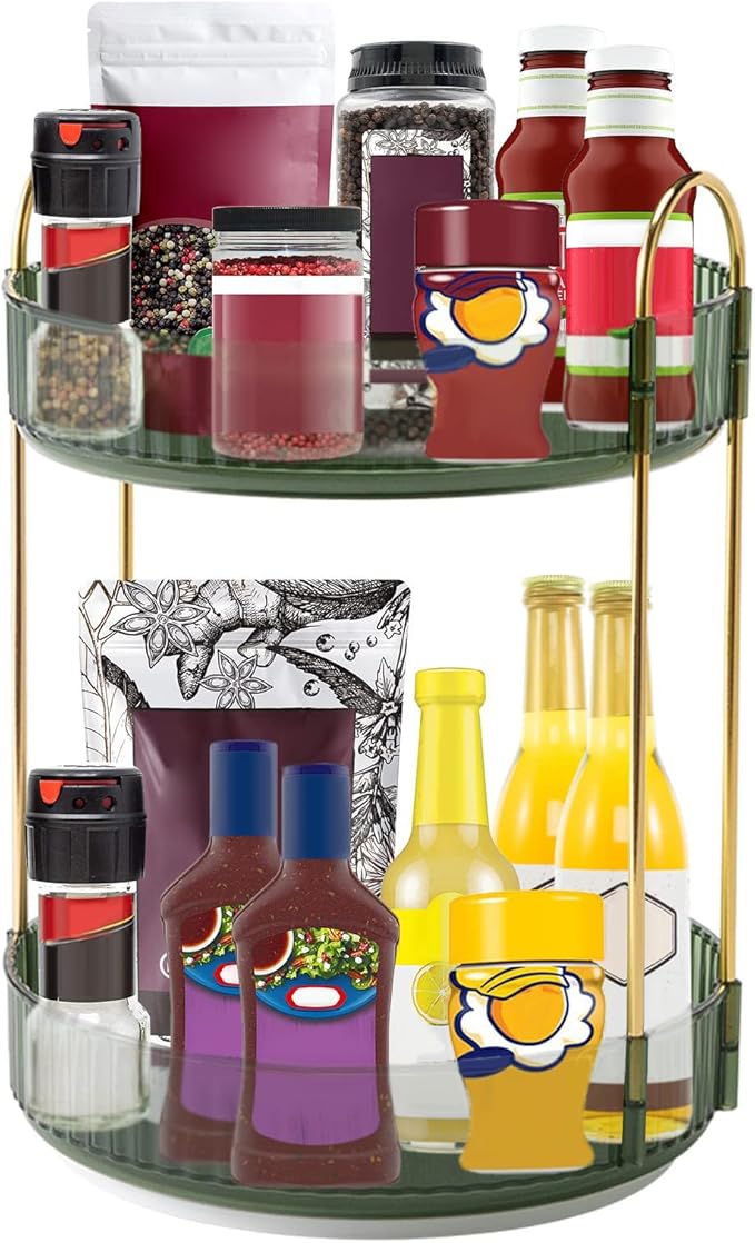 INVSSENE 360° Rotating Makeup Organizer, Bathroom Make Up Spinning Holder Rack, Large Capacity Cosmetics Storage Vanity Shelf Countertop, Fits Cosmetics, Perfume, Skincare, Lipsticks(2 Tiers, Green)