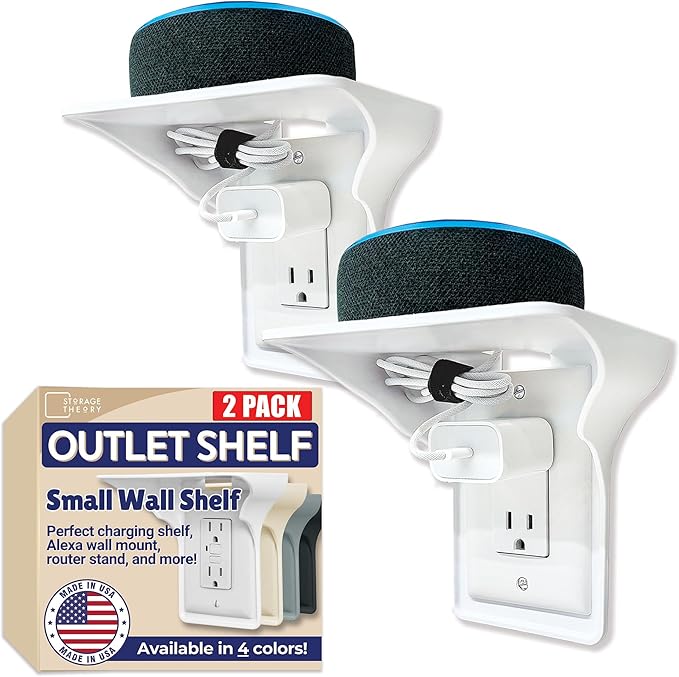 BeraTek Industries Power Perch Outlet Shelf - Bathroom Shelving for Electric Toothbrush, Alexa Stand - 2pk Singe and 2pk Double - White