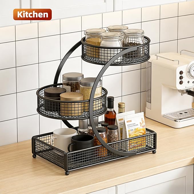 3 Tier Spiral Bathroom Countertop Organizer Shelf, Multi-Purpose Metal Makeup Storage Rack for Cosmetics, Toiletries, Spices, Ideal for Bathroom, Kitchen, Bedroom, Office, No Assembly Required- Black