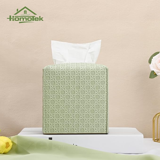 HOMOTEK 2 Pack Tissue Box Cover, Square PU Leather Tissue Holder, Decorative Facial Tissue Cube Paper Organizer Dispenser for Bathroom, Night Stands, Desk, Car 5X5X5'' - Rattan Weave,Mint Green