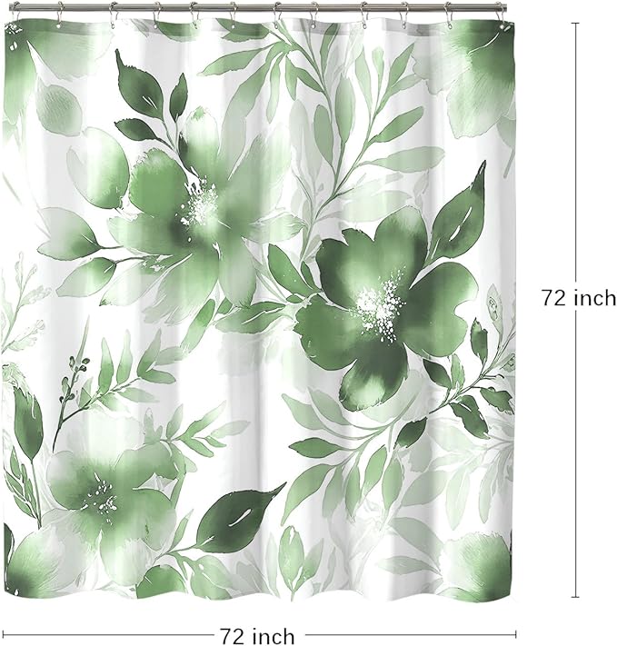 Floral Shower Curtain, Sage Green Watercolor Flower Shower Curtains for Bathroom, Modern Minimalist Waterproof Fabric Bath Curtain 72x72 Inch