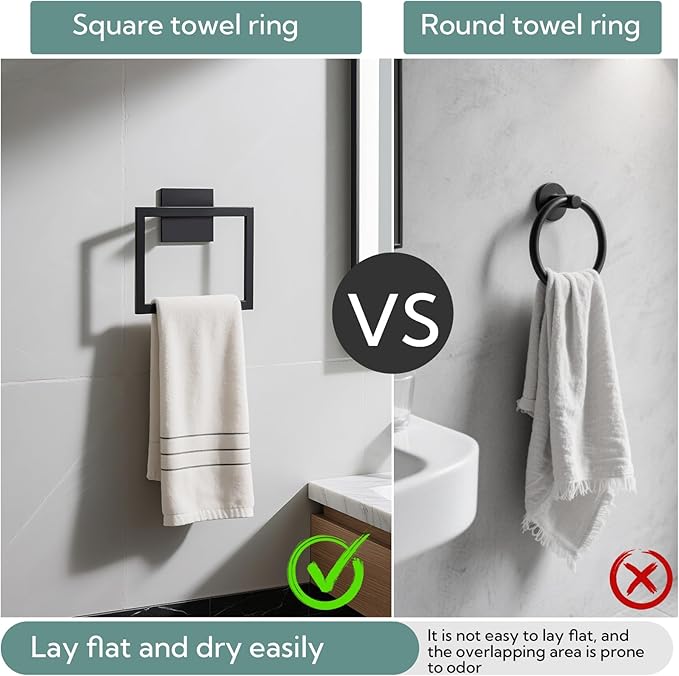 2 Pack Square Towel Ring,Hand Towel Holder for Bathroom,SUS304 Stainless Steel Towel Ring Wall Mounted,Suitable for Bathroom, Toilet, Bedroom,Towel Rings for Bathroom Wall(Black)
