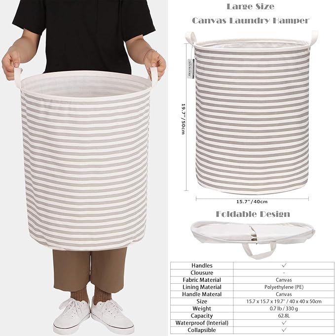Sea Team 19.7 Inches Large Sized Waterproof Coating Ramie Cotton Fabric Folding Laundry Hamper Bucket Cylindric Burlap Canvas Storage Basket (19.7", Grey & White Stripe)