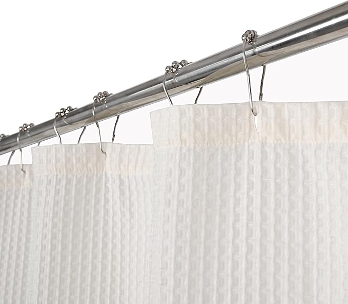 Farmhouse Shower Curtain, Beige and Gray Striped, Spa Beige Waffle, Button Curtain, Cotton Woven Fabric, Country, Rustic, Shabby Chic, 72x72 in