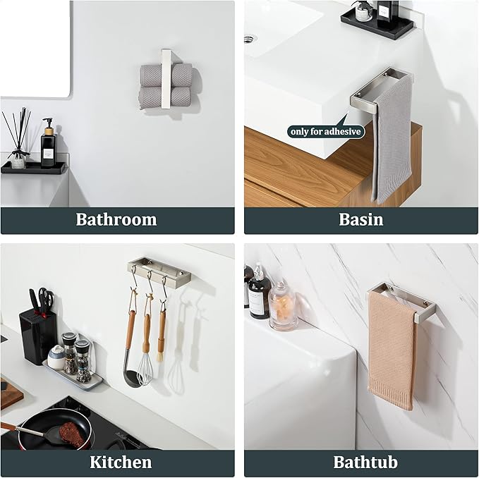Sayayo Brushed Nickel Towel Bar for Bathroom Wall, 8 Inch Hand Towel Holder, Screw or Self Adhesive Towel Ring Square SUS304 Stainless Steel, 3.2 Inch Wider Design