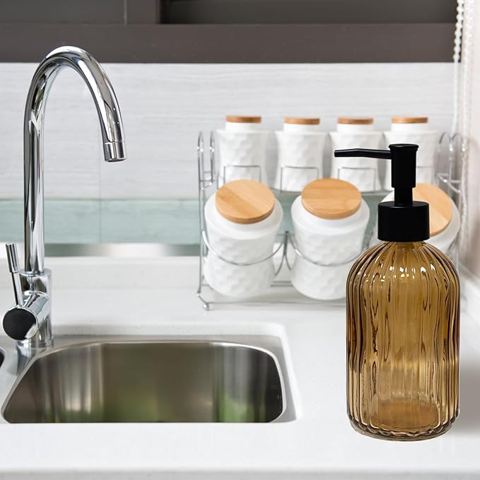 Glass Bathroom Accessories Set, 4Pcs Soap Dispenser Set Includes Soap Dispenser, Toothbrush Holder, Mouthwash Cup, Soap Dish for Home Decor, Countertop Vanity Organize (Brown)