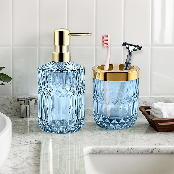 2Pcs Blue Bathroom Accessories Set, Glass Bathroom Accessories, Vintage Bathroom Countertop Decoration Includes Soap Dispenser, Toothbrush Holder