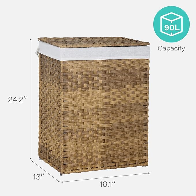 Paylesshere Laundry Basket Handwoven Laundry Hamper 90L/110L Foldable Rattan Hamper With Lid, 2 Removable Liner Bags & 6 Bags,Clothes Bathroom Basket,Natural