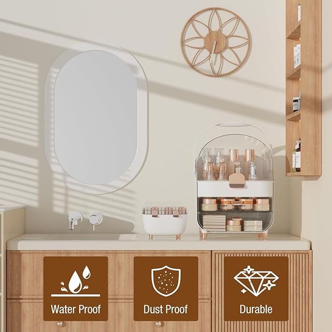 Makeup Organizer for Vanity with perfume Storage Box, Countertop Skincare Organizer with 2 Drawers, Cosmetic Display Case for Perfumes, Eyeshadow Palettes, Nail Polishes, Rose Gold