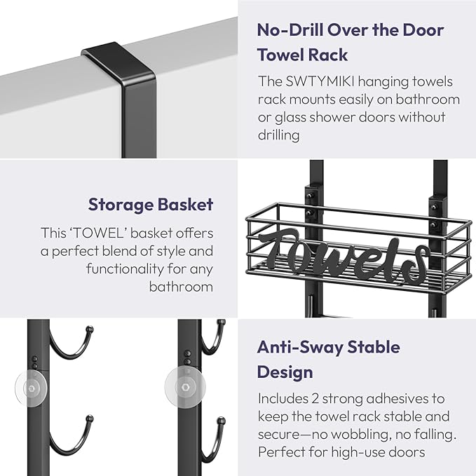 SWTYMIKI Hanging Towel Racks for Bathroom - 9 Tier Over The Door & Wall Mounted Bath Rolled Towel Storage Organizer Holder for Small Bathroom, RV, Camper, Black (Patented)