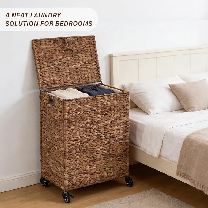 Hand-Woven Laundry Basket with Wheels, Natural Water Hyacinth Laundry Hamper with Lid, Removable & Machine-Washable Liner,Clothes Hamper for Bathroom and Laundry Room(90L,Espresso)