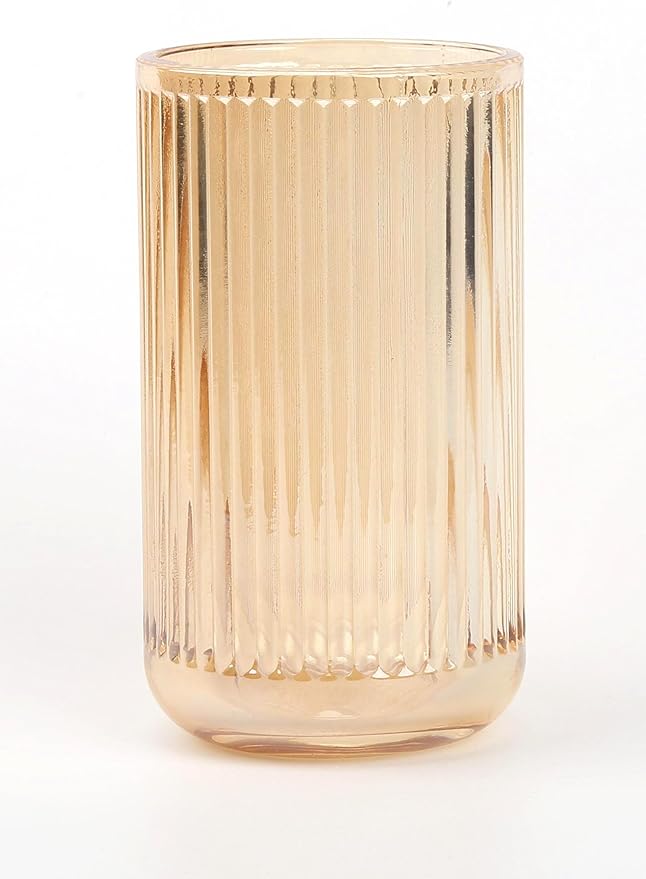 Crystal Glass Makeup Brush Holder, Vintage Striped Design, Thickened Glass Organizer Cup, 7.2cm x 13cm, Clear Amber