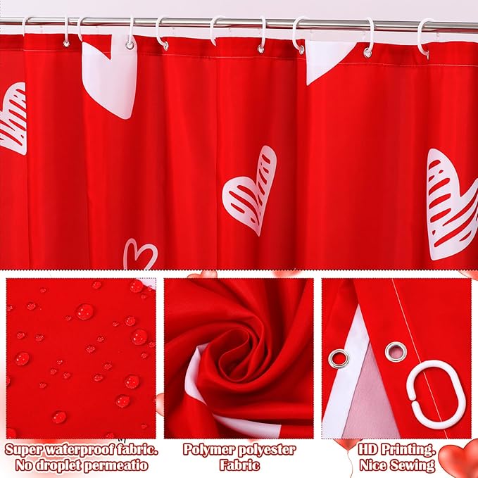 Drydiet 4 Pcs Valentine's Day Shower Curtain Set, Non Slip Rugs Toilet Lid Cover U Shape Bath Mat and 12 Hooks Love Heart Shape Red Bathroom Supplies for Valentines Accessories Decor Set