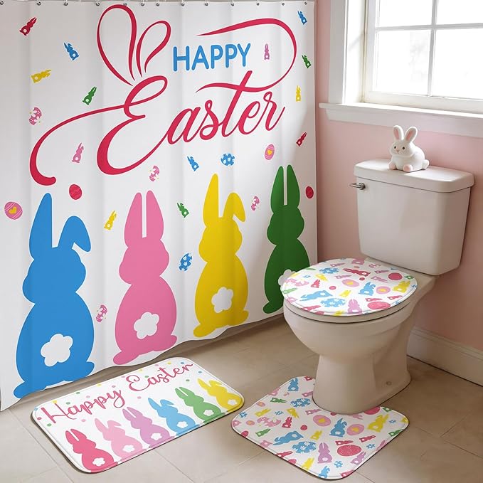 Remagr 4 Pcs Easter Shower Curtain Set for Bathroom Easter Bathroom Curtain Include Bunny Shower Curtains Non Slip Rug Toilet Lid Cover U Shaped Bath Mat and 12 Hooks for Home Indoor Decor