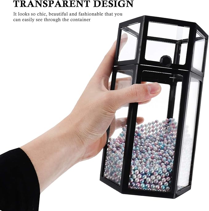 FRCOLOR Glass Makeup Brush Holder with Lid, Vintage Makeup Brush Organizer Storage Box with Colorful Pearls for Vanity Dresser (Black)