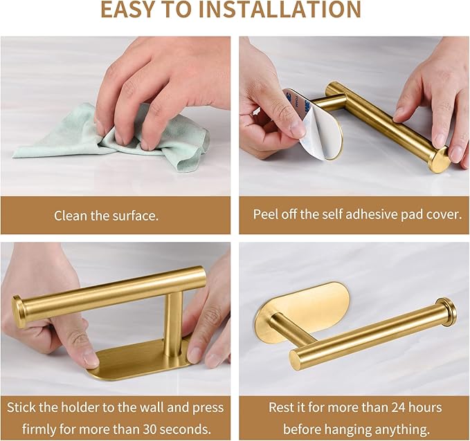 LAYUKI Toilet Paper Holder,Gold,Wall Mount, Upgraded Adhesive Toilet Roll Holder,no Drilling,Bathroom/Rv/Washroom,SUS 304 Stainless Steel,Rustproof (Gold, 1 Piece)